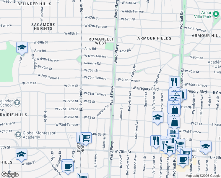 map of restaurants, bars, coffee shops, grocery stores, and more near 1201 West Gregory Boulevard in Kansas City