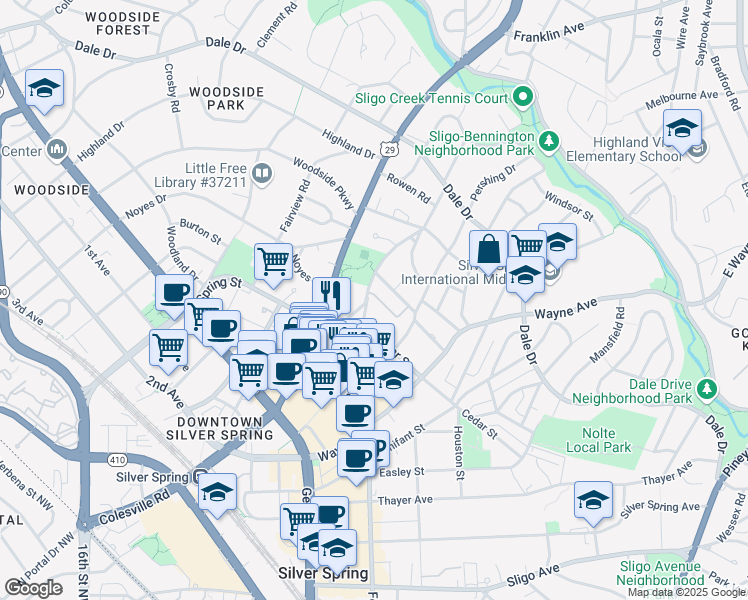 map of restaurants, bars, coffee shops, grocery stores, and more near 80 Ellsworth Heights Street in Silver Spring
