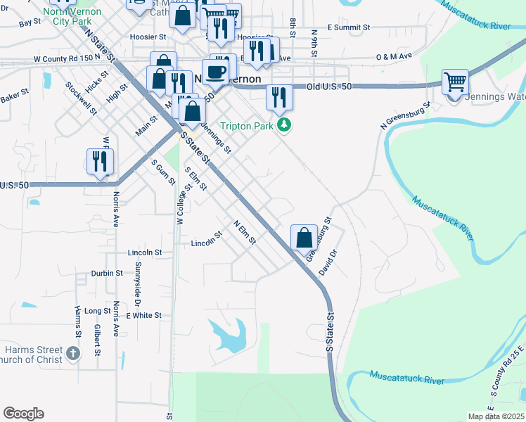 map of restaurants, bars, coffee shops, grocery stores, and more near 10 South Webster Street in North Vernon