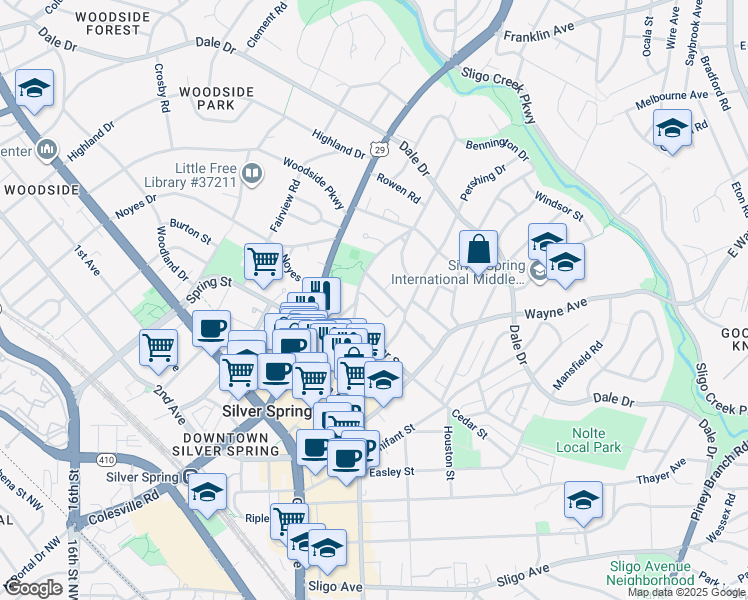 map of restaurants, bars, coffee shops, grocery stores, and more near 51 Ellsworth Heights Street in Silver Spring