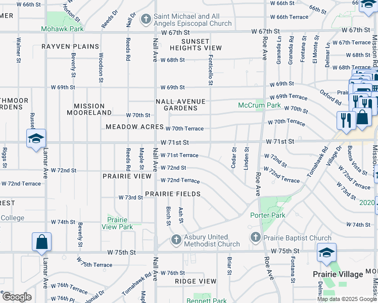 map of restaurants, bars, coffee shops, grocery stores, and more near 5117 West 71st Street in Prairie Village