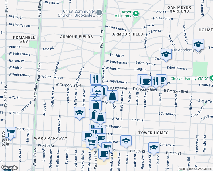 map of restaurants, bars, coffee shops, grocery stores, and more near 222 West Gregory Boulevard in Kansas City