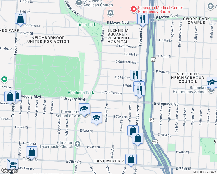 map of restaurants, bars, coffee shops, grocery stores, and more near 2127 East 70th Street in Kansas City