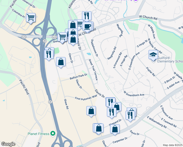 map of restaurants, bars, coffee shops, grocery stores, and more near 45500 Trail Run Terrace in Sterling