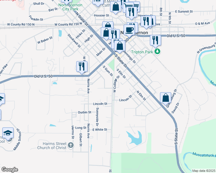 map of restaurants, bars, coffee shops, grocery stores, and more near 112 Myrtle Street in North Vernon