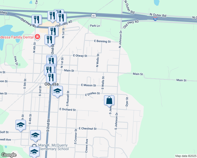 map of restaurants, bars, coffee shops, grocery stores, and more near 322 East Main Street in Odessa