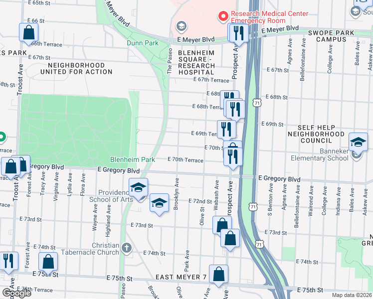 map of restaurants, bars, coffee shops, grocery stores, and more near 2228 East 70th Street in Kansas City