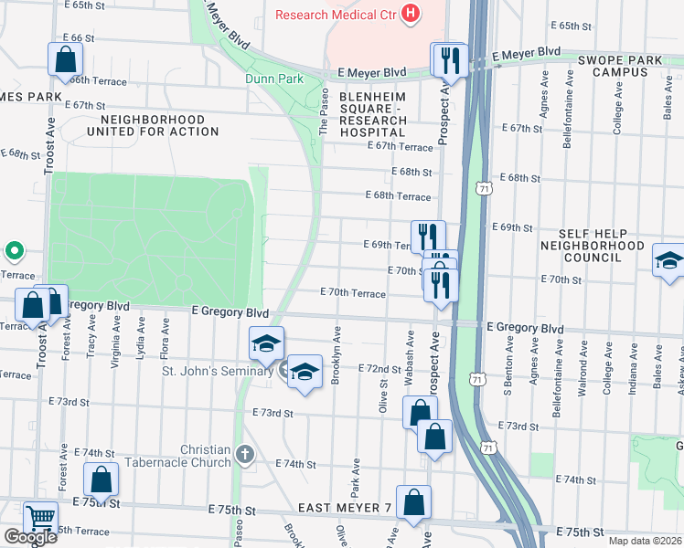 map of restaurants, bars, coffee shops, grocery stores, and more near 2127 East 70th Street in Kansas City