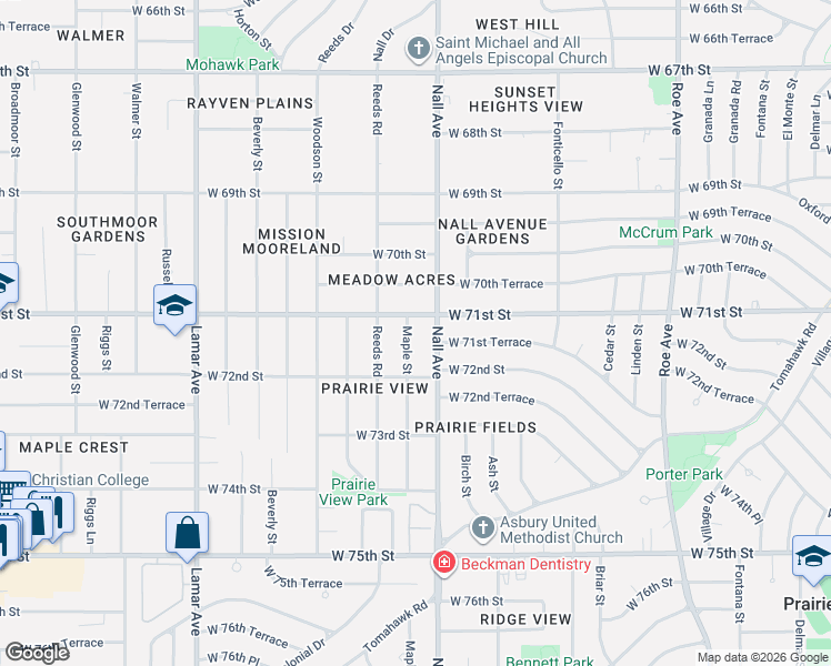 map of restaurants, bars, coffee shops, grocery stores, and more near 7107 Maple Street in Overland Park