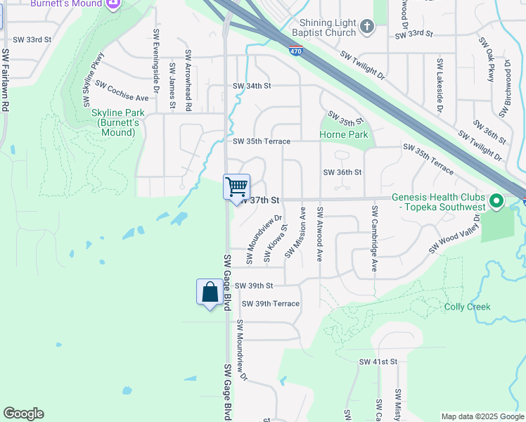 map of restaurants, bars, coffee shops, grocery stores, and more near 3704 Southwest Moundview Court in Topeka