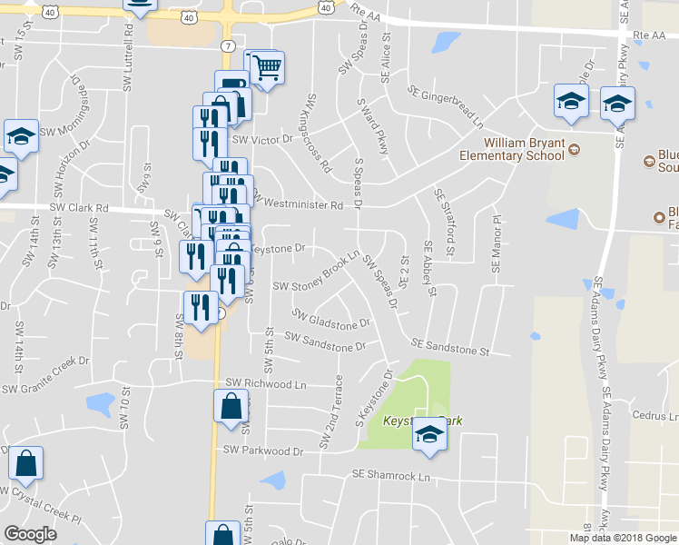 map of restaurants, bars, coffee shops, grocery stores, and more near 1809 Southwest Keystone Drive in Blue Springs