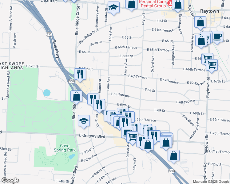 map of restaurants, bars, coffee shops, grocery stores, and more near 9006 East 68 Terrace in Raytown