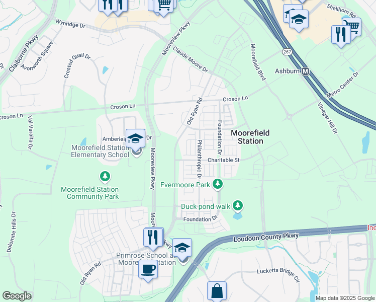 map of restaurants, bars, coffee shops, grocery stores, and more near 22271 Sims Terrace in Ashburn