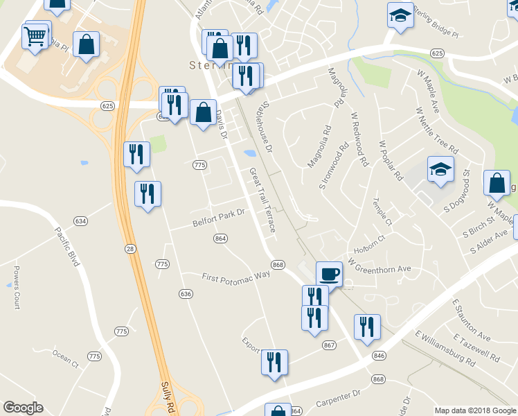 map of restaurants, bars, coffee shops, grocery stores, and more near 45504 Trail Run Terrace in Sterling