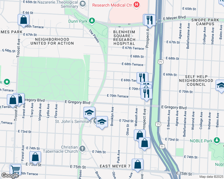 map of restaurants, bars, coffee shops, grocery stores, and more near 2127 East 70th Street in Kansas City