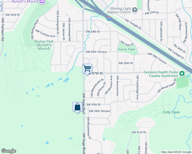 map of restaurants, bars, coffee shops, grocery stores, and more near 3704 Southwest Moundview Court in Topeka