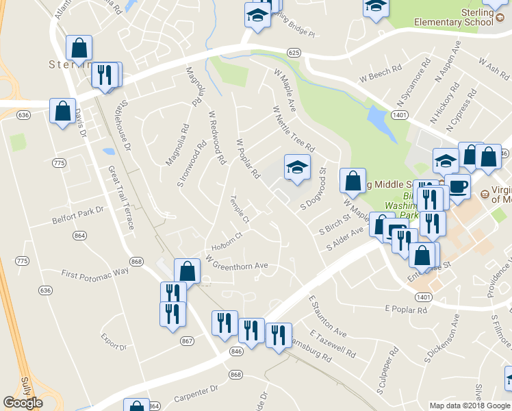 map of restaurants, bars, coffee shops, grocery stores, and more near 1008 Tottenham Court in Sterling