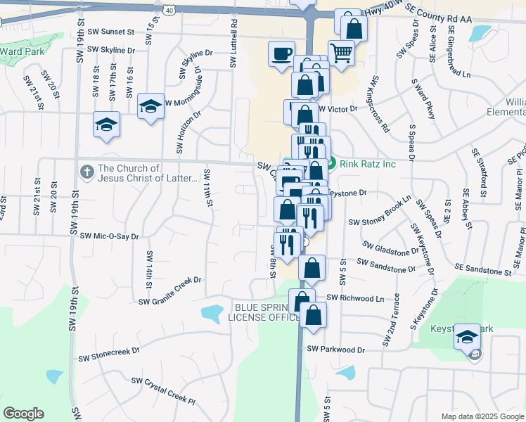 map of restaurants, bars, coffee shops, grocery stores, and more near 1692 Southwest 9th Street in Blue Springs