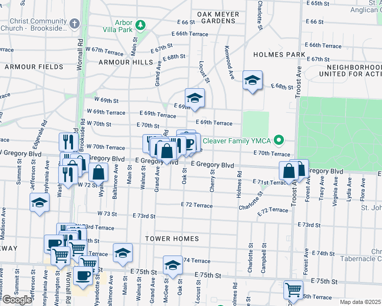 map of restaurants, bars, coffee shops, grocery stores, and more near 405 East 70th Terrace in Kansas City