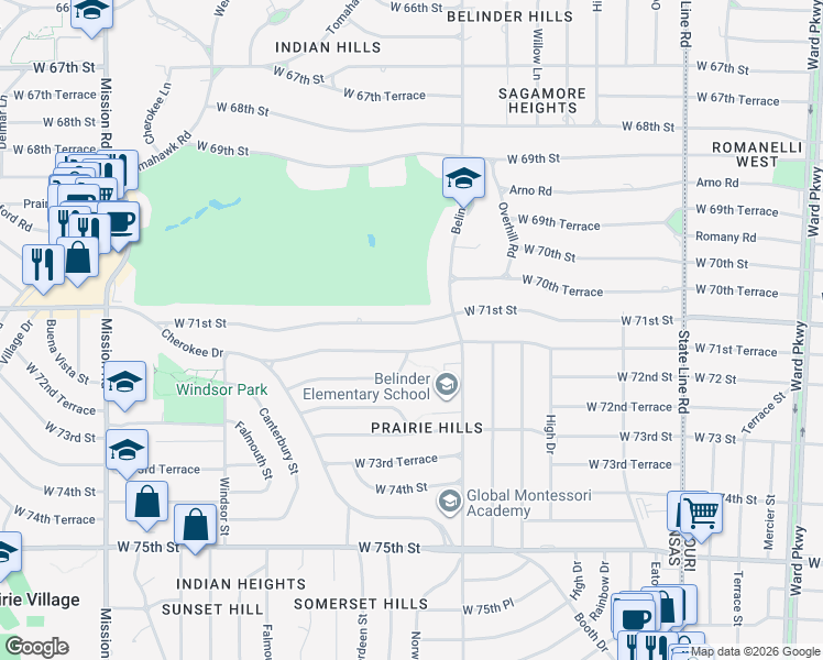 map of restaurants, bars, coffee shops, grocery stores, and more near 2809 West 71st Street in Prairie Village