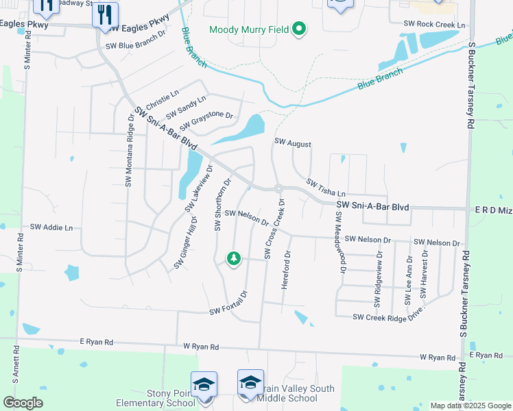 map of restaurants, bars, coffee shops, grocery stores, and more near 704 Southwest Foxtail Court in Grain Valley