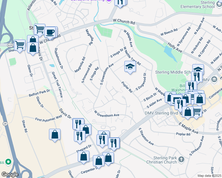map of restaurants, bars, coffee shops, grocery stores, and more near 1062 Tottenham Court in Sterling