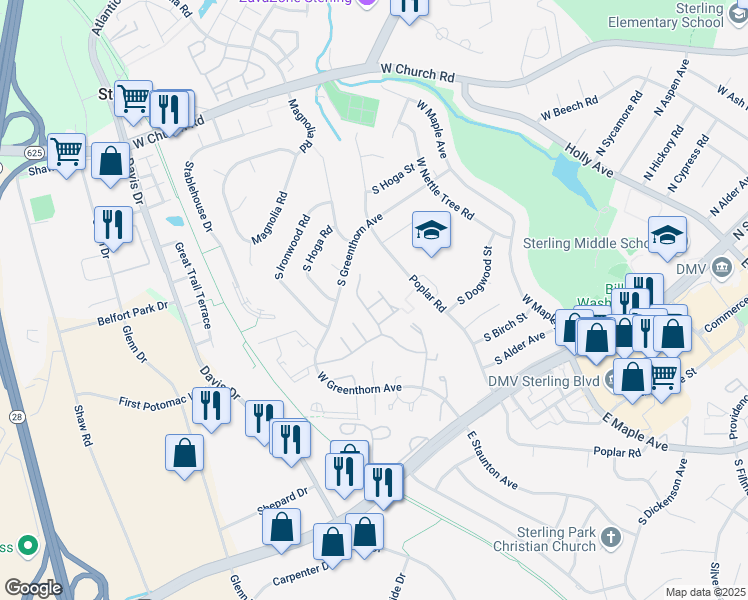 map of restaurants, bars, coffee shops, grocery stores, and more near 1062 Tottenham Court in Sterling