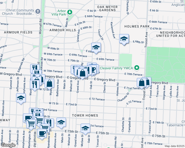 map of restaurants, bars, coffee shops, grocery stores, and more near 405 East 70th Terrace in Kansas City