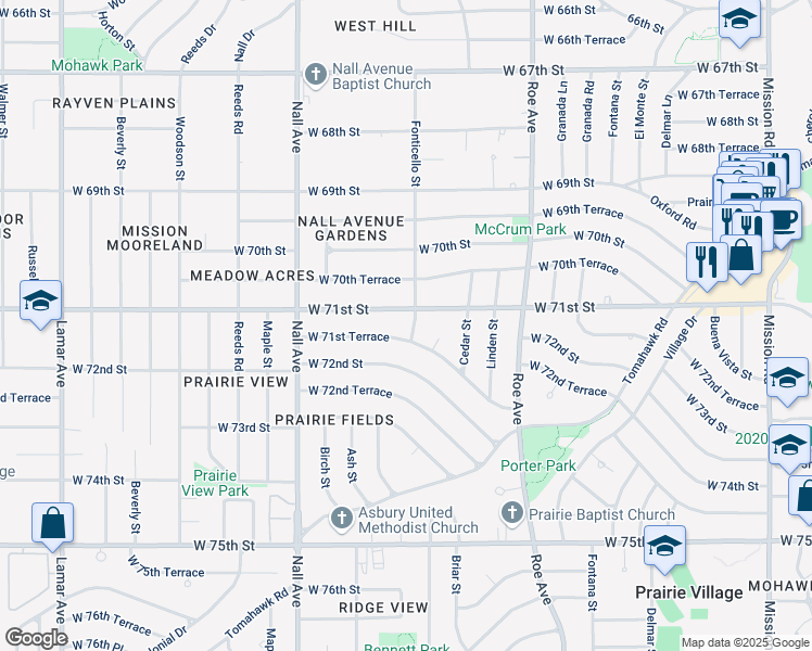 map of restaurants, bars, coffee shops, grocery stores, and more near 5117 West 71st Street in Prairie Village