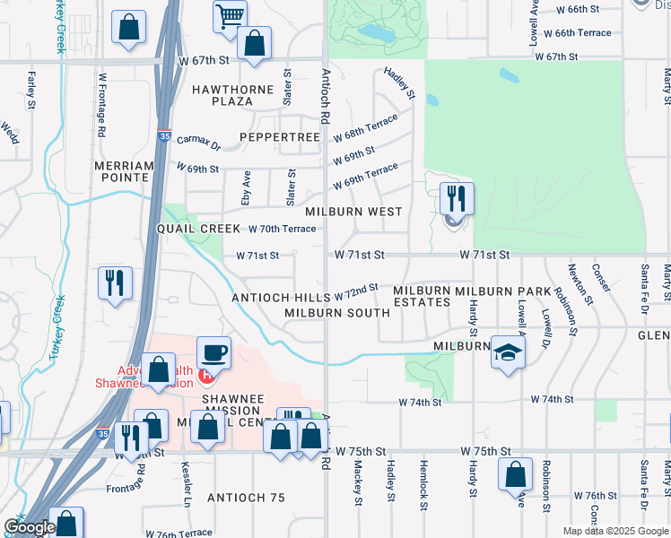 map of restaurants, bars, coffee shops, grocery stores, and more near 7105 Antioch Road in Overland Park