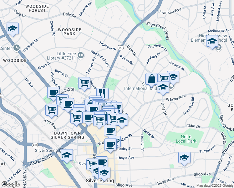 map of restaurants, bars, coffee shops, grocery stores, and more near 71 Ellsworth Heights Street in Silver Spring