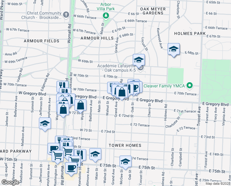 map of restaurants, bars, coffee shops, grocery stores, and more near 121 East 70th Terrace in Kansas City