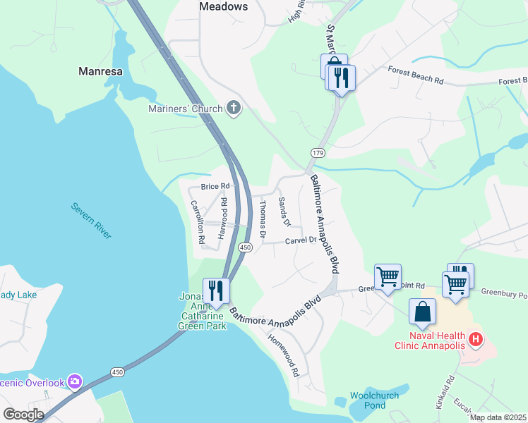 map of restaurants, bars, coffee shops, grocery stores, and more near Thomas Drive in Annapolis