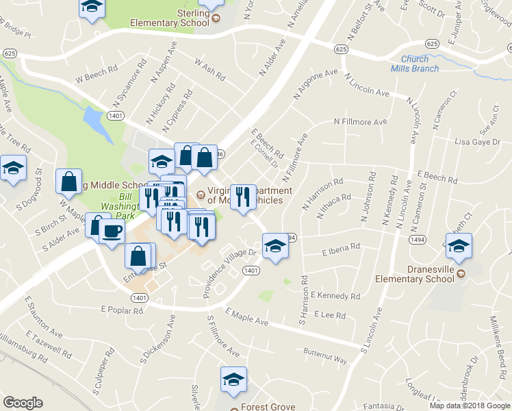 map of restaurants, bars, coffee shops, grocery stores, and more near 113 North Emory Drive in Sterling
