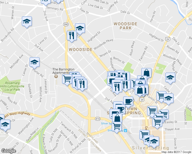 map of restaurants, bars, coffee shops, grocery stores, and more near 1507 Ballard Street in Silver Spring