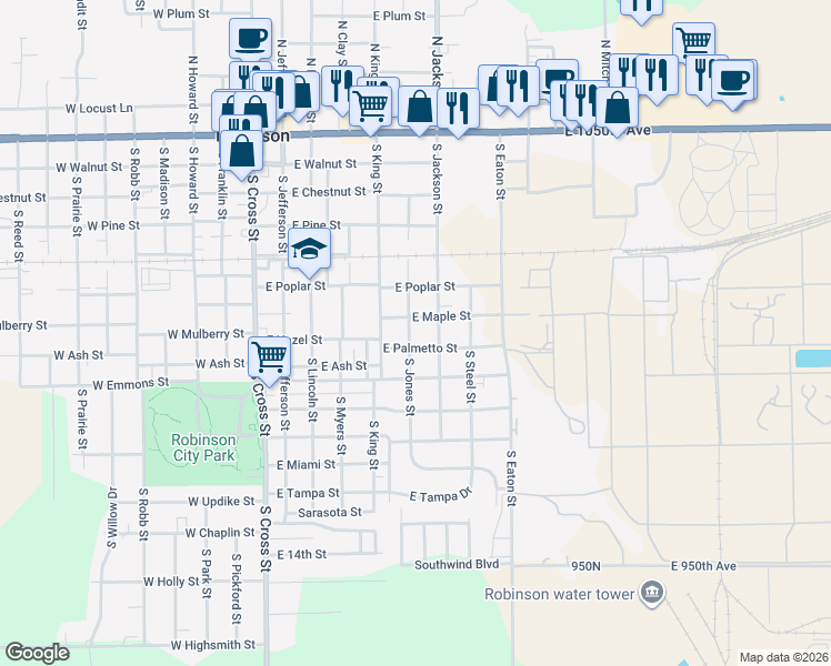 map of restaurants, bars, coffee shops, grocery stores, and more near 701-799 South Jones Street in Robinson