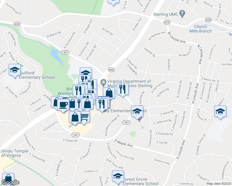 map of restaurants, bars, coffee shops, grocery stores, and more near 100 Commerce Street in Sterling