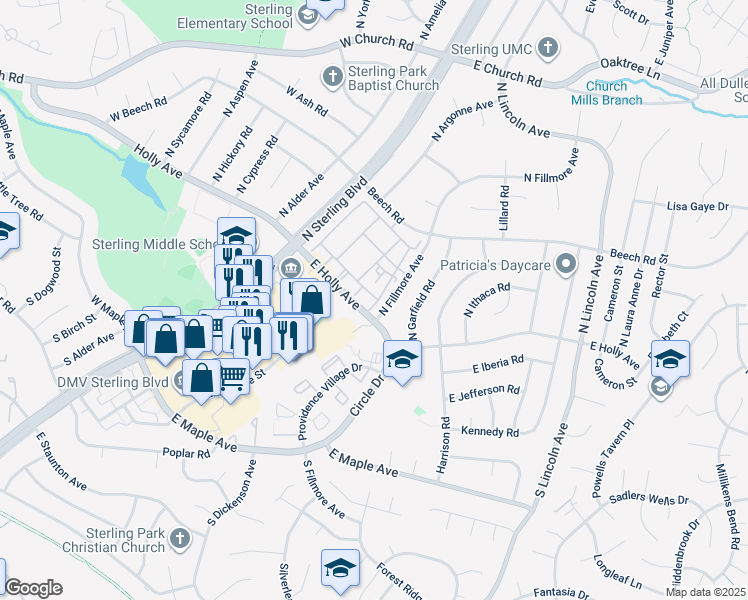 map of restaurants, bars, coffee shops, grocery stores, and more near 113 North Emory Drive in Sterling