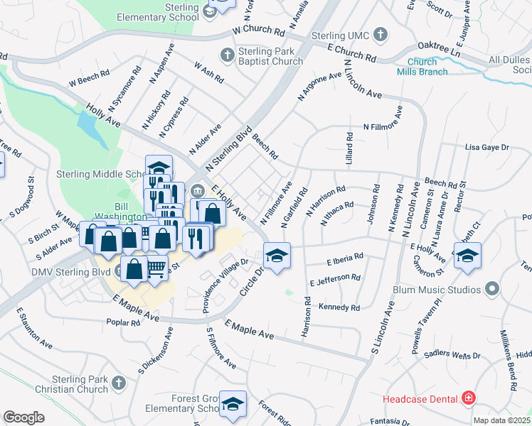 map of restaurants, bars, coffee shops, grocery stores, and more near 141 North Fillmore Avenue in Sterling