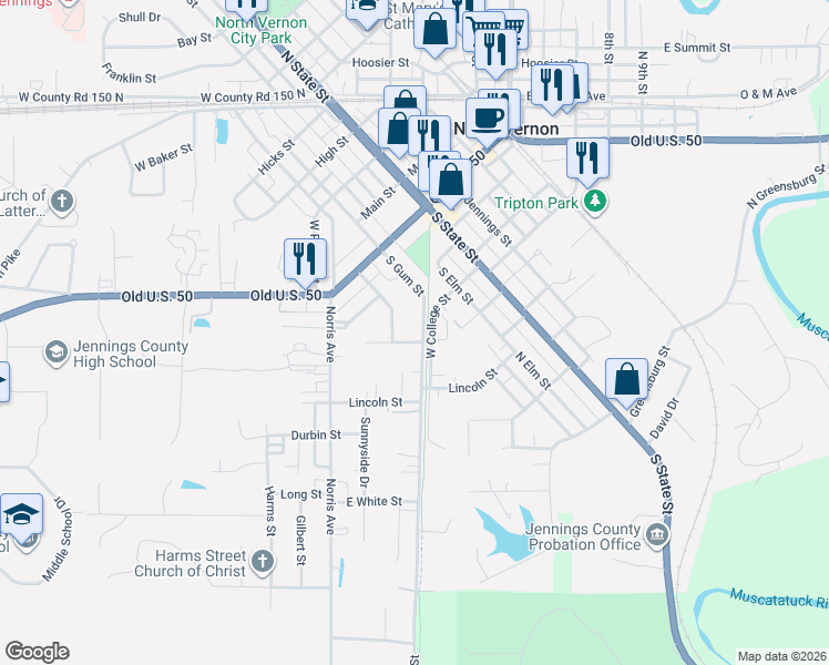 map of restaurants, bars, coffee shops, grocery stores, and more near 112 Myrtle Street in North Vernon