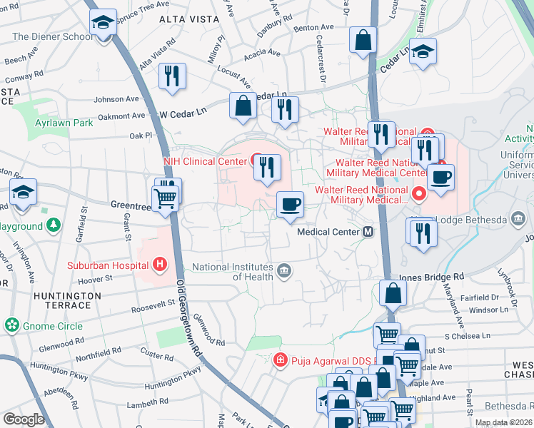 map of restaurants, bars, coffee shops, grocery stores, and more near  in Bethesda