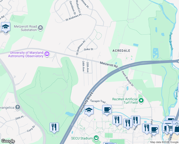 map of restaurants, bars, coffee shops, grocery stores, and more near 8801 35th Ave in College Park