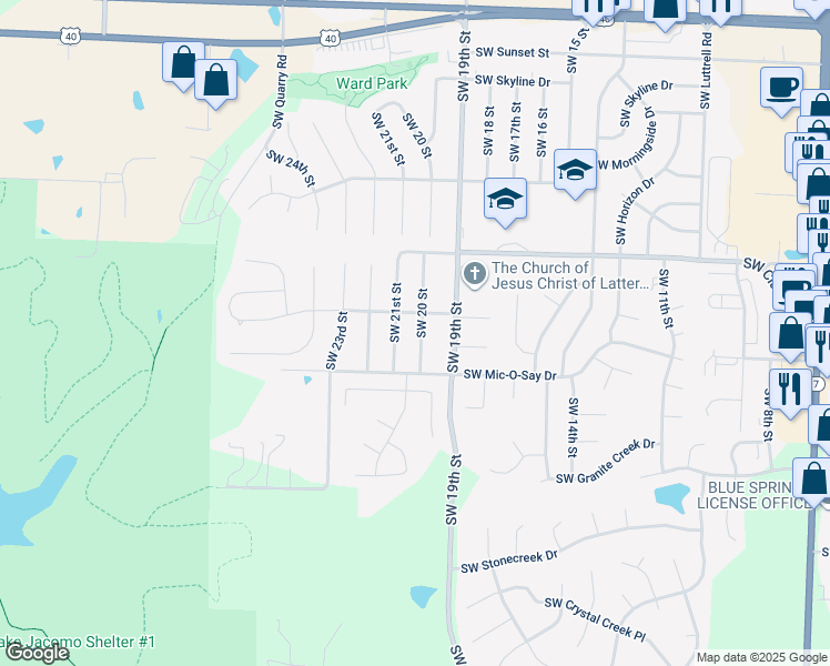 map of restaurants, bars, coffee shops, grocery stores, and more near 1609 Southwest 20 Street in Blue Springs
