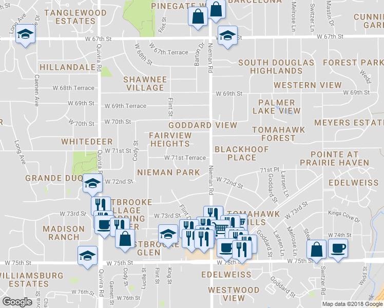 map of restaurants, bars, coffee shops, grocery stores, and more near 11202 West 71st Terrace in Shawnee