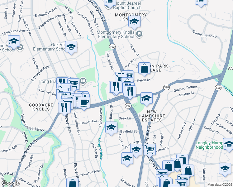map of restaurants, bars, coffee shops, grocery stores, and more near 8809 Glenville Road in Silver Spring