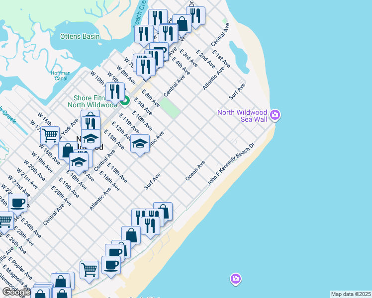 map of restaurants, bars, coffee shops, grocery stores, and more near 901 Surf Avenue in North Wildwood