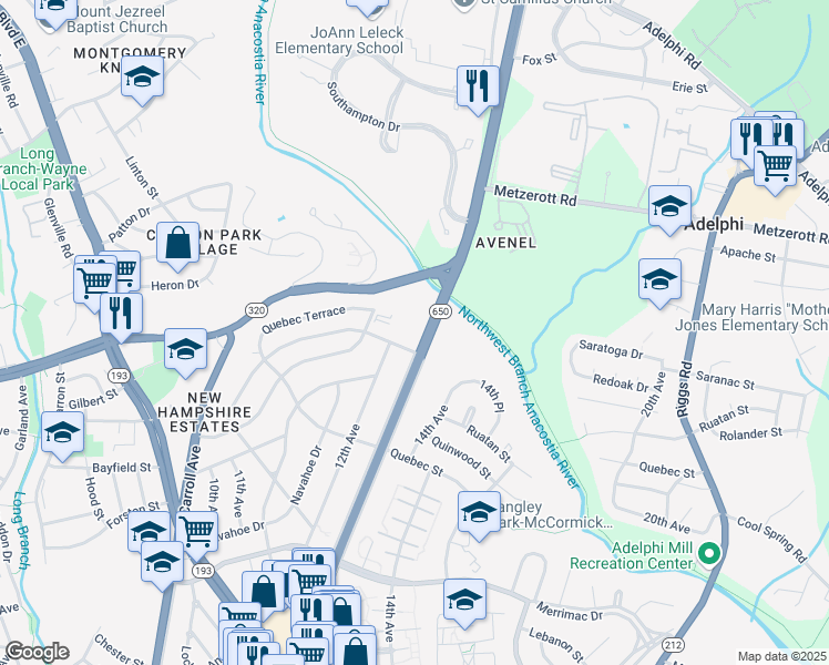 map of restaurants, bars, coffee shops, grocery stores, and more near 8500 New Hampshire Avenue in Silver Spring