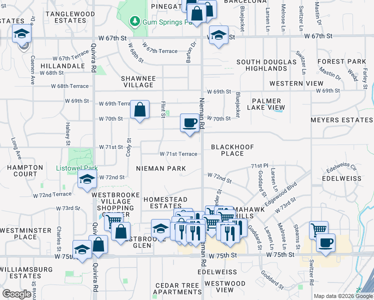 map of restaurants, bars, coffee shops, grocery stores, and more near 11202 West 71st Terrace in Shawnee