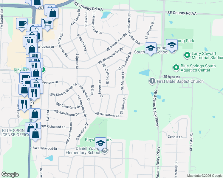 map of restaurants, bars, coffee shops, grocery stores, and more near 208 Southeast Cromwell in Blue Springs