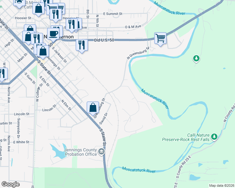 map of restaurants, bars, coffee shops, grocery stores, and more near 340 North Greensburg Street in North Vernon